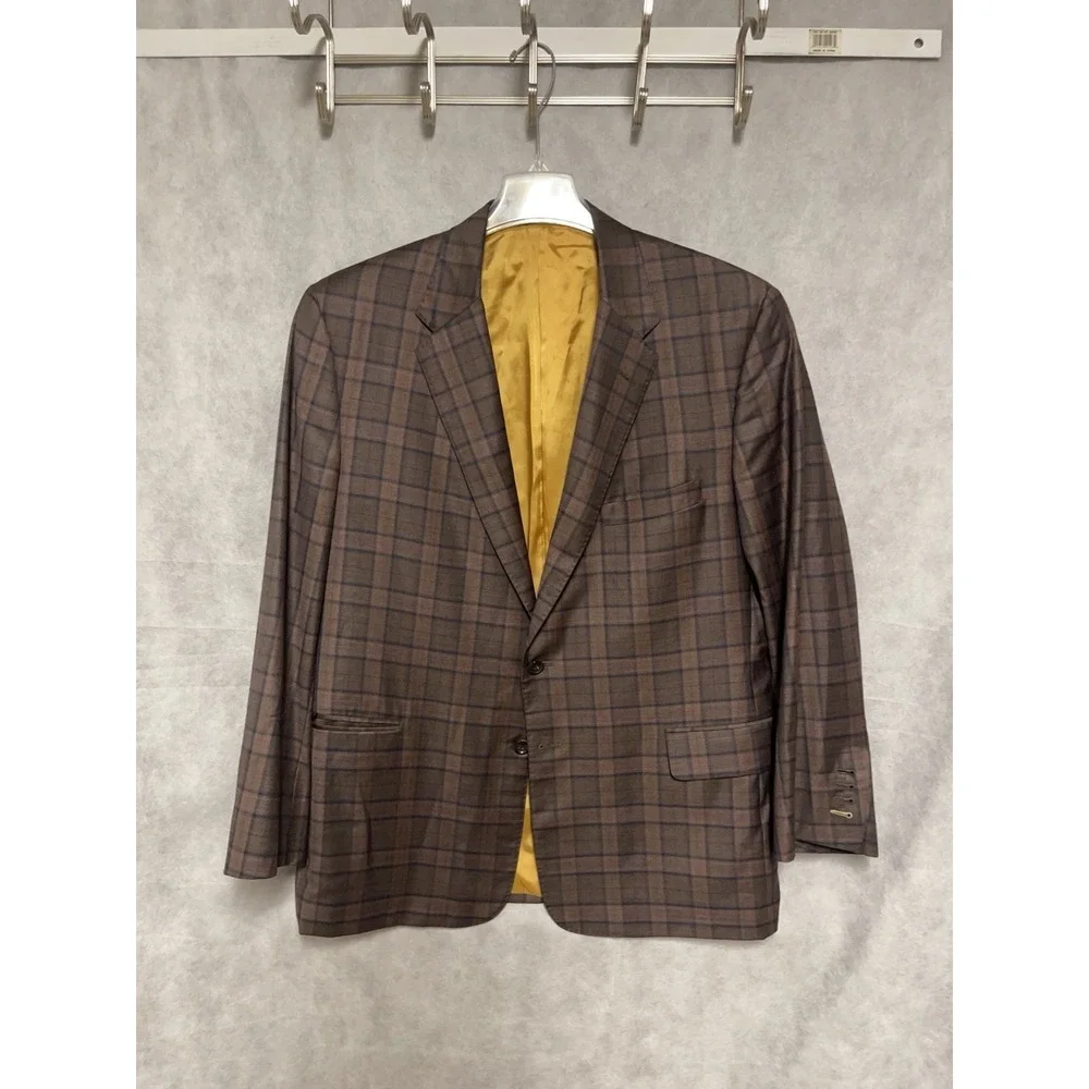 Tom James Blazer Men 44R Brown Blue Tartan Plaid Surgeon Cuffs Flannel Bespoke